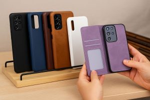 En stor butikshyllla fylld med olika mobilskal för Samsung-telefoner i regnbågens färger.