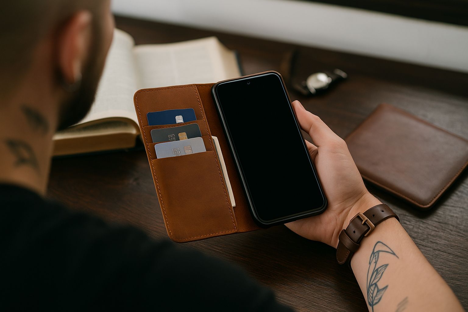 Öppet brunt läderplånboksfodral för mobiltelefon med kortplatser.