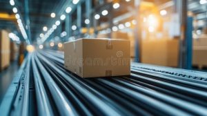 Kartong på rullband i lagerlokal, symboliserar e-handelslogistik.